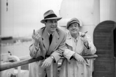 Abbott and Costello arrive on the Queen Mary ocean liner. Ship, comedians.  
7654 - REF @ THE SOUTHERN DAILY ECHO ARCHIVES.  Tel: +4423 8042 4479.